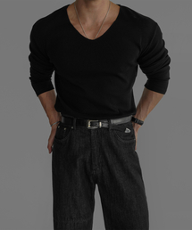BOWLOW PRODUCT（バウロープロダクト）の「Fine Ribbed V Neck Long Sleeve Knit Tee [Black]（Tシャツ/カットソー）」