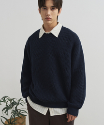ワッフルテクスチャーラウンドプルオーバーニット[NAVY]