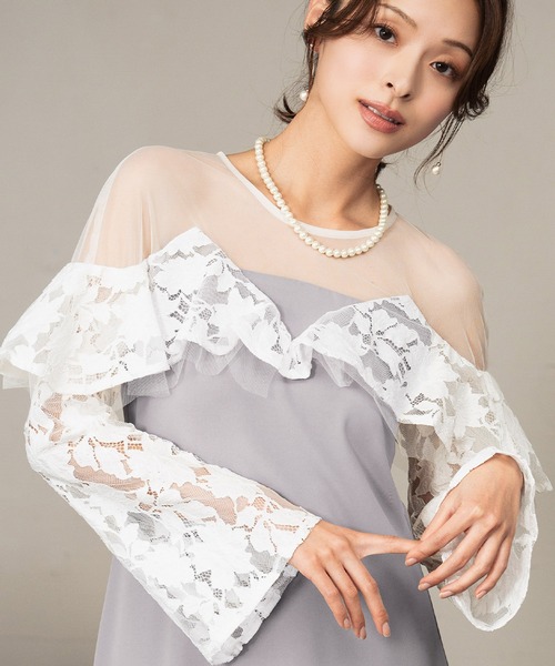 girl(ガール)の「レースラッフルドレス チュール シアー 結婚式 ワンピース パーティードレス オケージョンドレス お呼ばれ 二次会 成人式 同窓会 謝恩会(ドレス・レディース・ライトグレー/ブラック/ベージュ・L/M/S)」の1枚目の写真