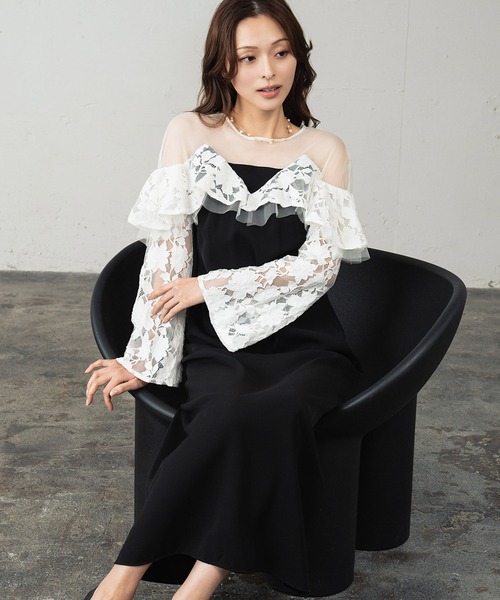 girl(ガール)の「レースラッフルドレス チュール シアー 結婚式 ワンピース パーティードレス オケージョンドレス お呼ばれ 二次会 成人式 同窓会 謝恩会(ドレス・レディース・ライトグレー/ブラック/ベージュ・L/M/S)」の2枚目の写真