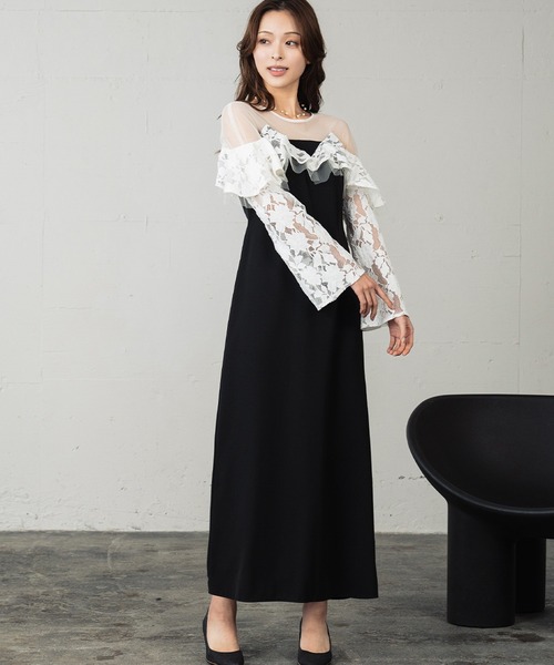 girl(ガール)の「レースラッフルドレス チュール シアー 結婚式 ワンピース パーティードレス オケージョンドレス お呼ばれ 二次会 成人式 同窓会 謝恩会(ドレス・レディース・ライトグレー/ブラック/ベージュ・L/M/S)」の5枚目の写真