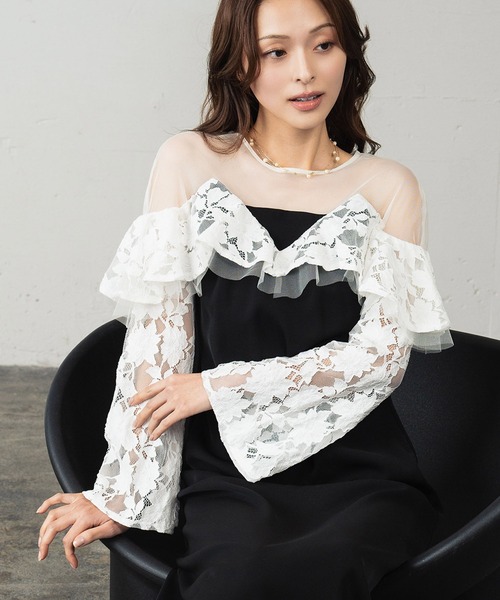 girl(ガール)の「レースラッフルドレス チュール シアー 結婚式 ワンピース パーティードレス オケージョンドレス お呼ばれ 二次会 成人式 同窓会 謝恩会(ドレス・レディース・ライトグレー/ブラック/ベージュ・L/M/S)」の8枚目の写真