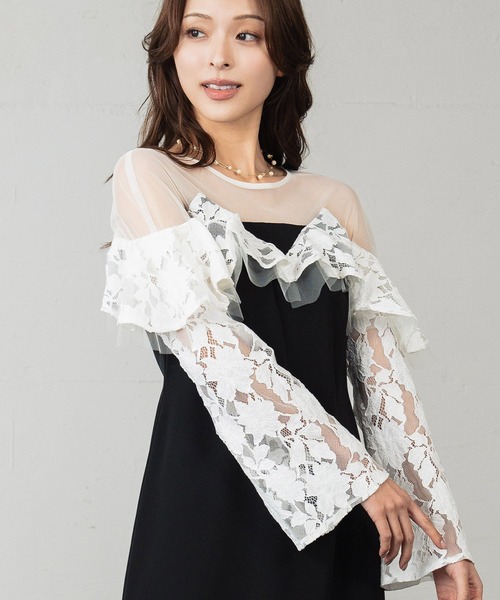 girl(ガール)の「レースラッフルドレス チュール シアー 結婚式 ワンピース パーティードレス オケージョンドレス お呼ばれ 二次会 成人式 同窓会 謝恩会(ドレス・レディース・ライトグレー/ブラック/ベージュ・L/M/S)」の9枚目の写真