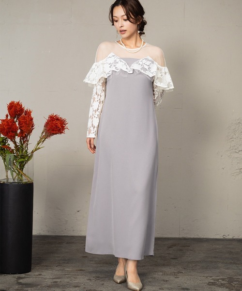 girl(ガール)の「レースラッフルドレス チュール シアー 結婚式 ワンピース パーティードレス オケージョンドレス お呼ばれ 二次会 成人式 同窓会 謝恩会(ドレス・レディース・ライトグレー/ブラック/ベージュ・L/M/S)」の16枚目の写真