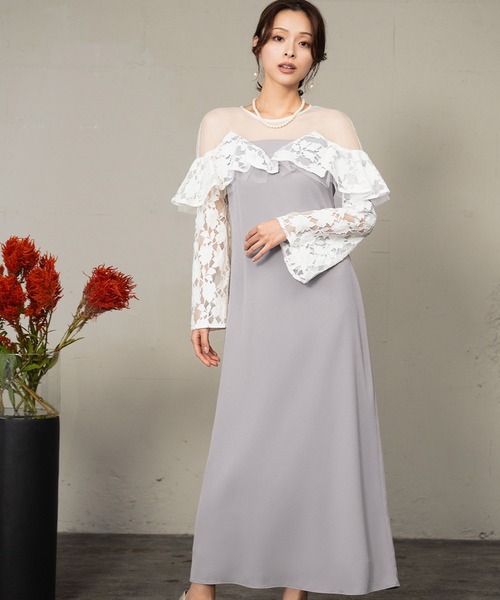 girl(ガール)の「レースラッフルドレス チュール シアー 結婚式 ワンピース パーティードレス オケージョンドレス お呼ばれ 二次会 成人式 同窓会 謝恩会(ドレス・レディース・ライトグレー/ブラック/ベージュ・L/M/S)」の17枚目の写真