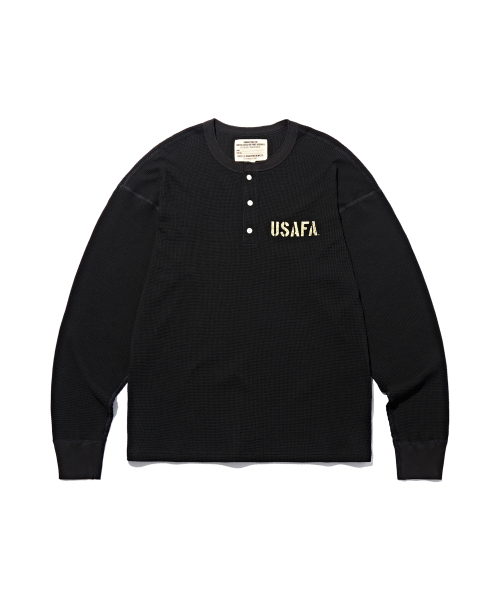USAFAロゴワッフルヘンリーネックロングスリーブTシャツブラック