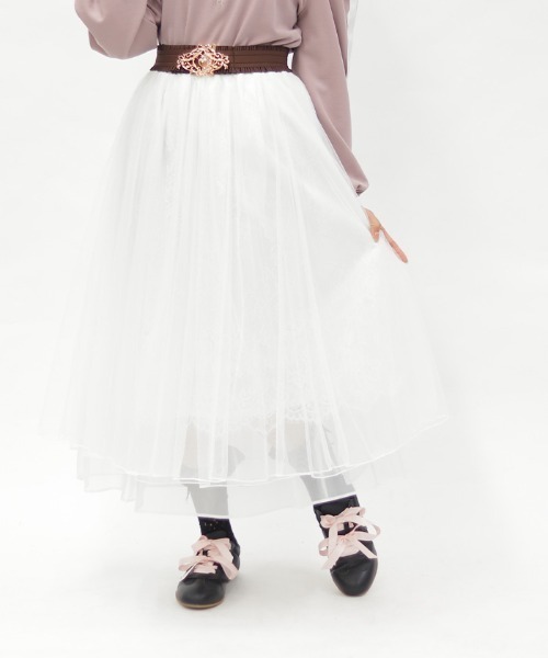 axes femme POETIQUE（アクシーズファムポエティック）の「チュール×レースロングスカート（スカート・レディース・ホワイト/ピンク/サックスブルー・MEDIUM）」の3枚目の写真