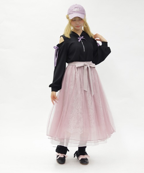 axes femme POETIQUE（アクシーズファムポエティック）の「チュール×レースロングスカート（スカート・レディース・ホワイト/ピンク/サックスブルー・MEDIUM）」の10枚目の写真