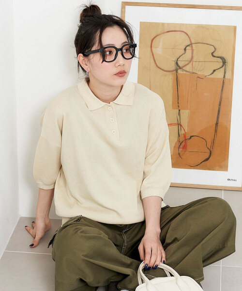 FREAK'S STORE(フリークスストア)の「限定展開 サマーニット 半袖 ポロシャツ(ニット/セーター・レディース・ネイビー/レッド/ブラウン/ピンク/グリーン/ベージュ/モカ/ナチュラル/ブラック・フリ-)」の6枚目の写真
