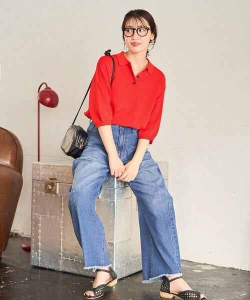 FREAK'S STORE(フリークスストア)の「限定展開 サマーニット 半袖 ポロシャツ(ニット/セーター・レディース・ネイビー/レッド/ブラウン/ピンク/グリーン/ベージュ/モカ/ナチュラル/ブラック・フリ-)」の9枚目の写真