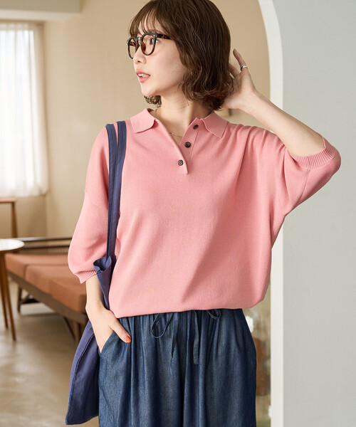 FREAK'S STORE(フリークスストア)の「限定展開 サマーニット 半袖 ポロシャツ(ニット/セーター・レディース・ネイビー/レッド/ブラウン/ピンク/グリーン/ベージュ/モカ/ナチュラル/ブラック・フリ-)」の21枚目の写真