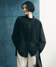 ブロックレース バンドカラーシャツ