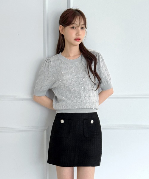 by muni:r（バイ ムニール）の「パールポイント シースルー ニットTシャツ（Tシャツ/カットソー・レディース・ホワイト/グレー・FREE）」の13枚目の写真