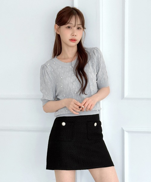 by muni:r（バイ ムニール）の「パールポイント シースルー ニットTシャツ（Tシャツ/カットソー・レディース・ホワイト/グレー・FREE）」の9枚目の写真