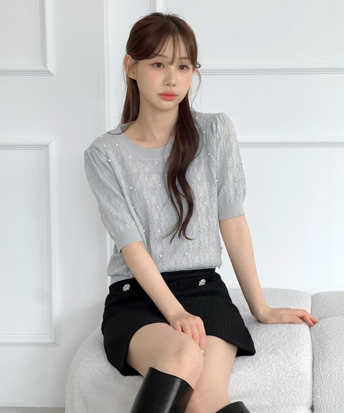 by muni:r（バイ ムニール）の「パールポイント シースルー ニットTシャツ（Tシャツ/カットソー・レディース・ホワイト/グレー・FREE）」の14枚目の写真