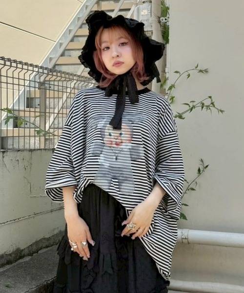 Candy Stripper(キャンディストリッパー)の「DOPE BUNNY BORDER BIG Tシャツ(Tシャツ/カットソー・レディース・ブラック/ブルー/ピンク・FREE)」の4枚目の写真