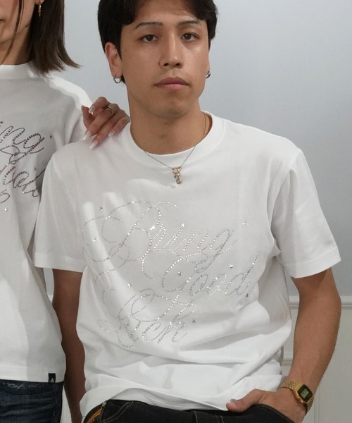 BGL(ビージーエル)の「BIG SCRIPT TEE / ラインストーン / キラキラ / 筆記体ロゴ / スクリプトロゴ / Y2K / ストリート 半袖Tシャツ(Tシャツ/カットソー・レディース・ホワイト×ピンク/ホワイト/ライトピンク/ブラック/ブルー・S/L/M)」の2枚目の写真