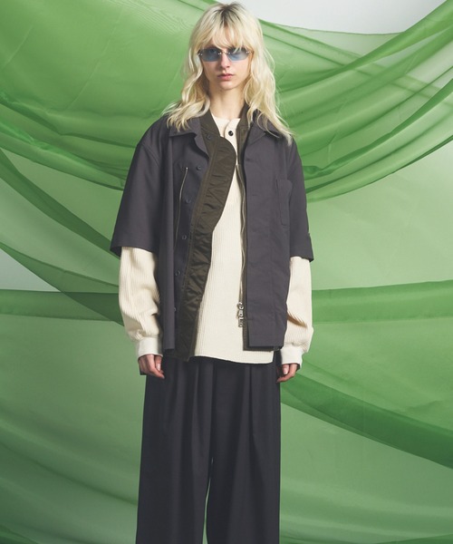 MAISON SPECIAL(メゾンスペシャル)の「《UNISEX》Layering MA-1 Docking Prime-Over Open Collar Short Sleeve Shirt/レイヤリングMA-1ドッキングプライムオーバーオープンカラーショートスリーブシャツ【MAISON SPECIAL/メゾンスペシャル】(シャツ/ブラウス・メンズ・ブラック/カーキ/チャコールグレー・0/1/2)」の7枚目の写真
