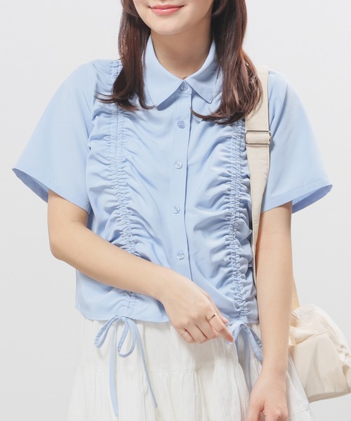Honeys(ハニーズ)の「ドロストショート丈シャツ(シャツ/ブラウス・レディース・ホワイト×ネイビー/ホワイト×ブルー/サックスブルー/ブルー系その他3・L/M/S)」の3枚目の写真