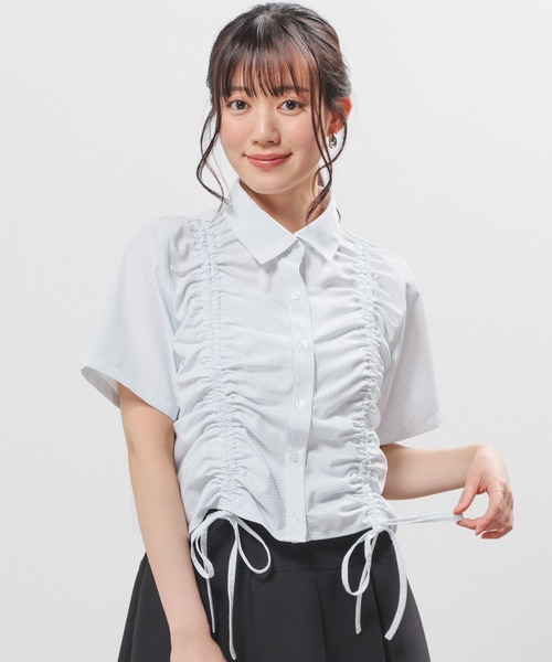 Honeys(ハニーズ)の「ドロストショート丈シャツ(シャツ/ブラウス・レディース・ホワイト×ネイビー/ホワイト×ブルー/サックスブルー/ブルー系その他3・L/M/S)」の9枚目の写真
