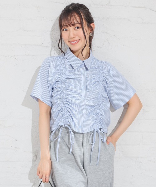 Honeys(ハニーズ)の「ドロストショート丈シャツ(シャツ/ブラウス・レディース・ホワイト×ネイビー/ホワイト×ブルー/サックスブルー/ブルー系その他3・L/M/S)」の12枚目の写真