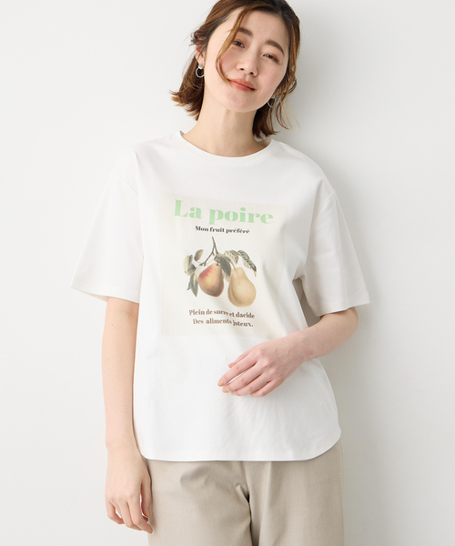 Petit Honfleur(プチオンフルール)の「配色フルーツTシャツ【オーガニックコットンブレンド・UVカット・接触冷感】(Tシャツ/カットソー・レディース・グレー/ホワイト/ベージュ・M/L)」の2枚目の写真