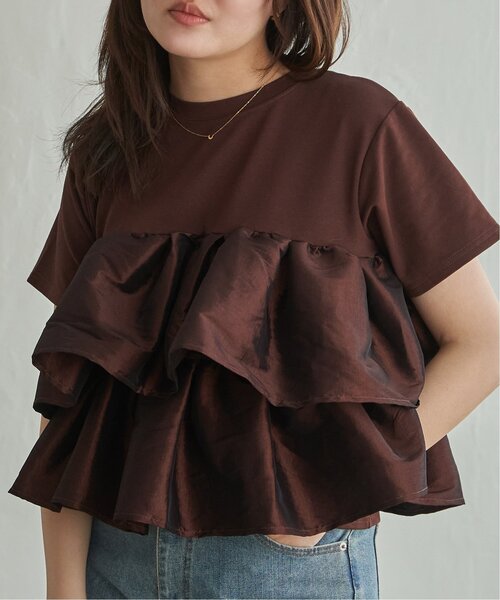 VENCEEXCHANGE(ヴァンスエクスチェンジ)の「天竺ナイロンドッキングフリルTシャツ(Tシャツ/カットソー・レディース・ブラウン/その他1/ブラック/オフホワイト・FREE)」の3枚目の写真