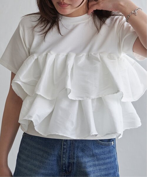 VENCEEXCHANGE(ヴァンスエクスチェンジ)の「天竺ナイロンドッキングフリルTシャツ(Tシャツ/カットソー・レディース・ブラウン/その他1/ブラック/オフホワイト・FREE)」の2枚目の写真