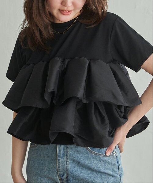 VENCEEXCHANGE(ヴァンスエクスチェンジ)の「天竺ナイロンドッキングフリルTシャツ(Tシャツ/カットソー・レディース・ブラウン/その他1/ブラック/オフホワイト・FREE)」の1枚目の写真