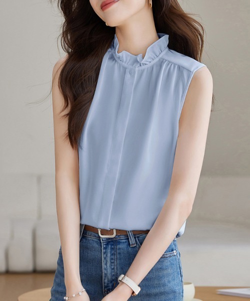 ONEP STAR(ワンピスター)の「フリルスタンドカラーノースリーブブラウス(シャツ/ブラウス・レディース・ホワイト/ブルー・X-LARGE/MEDIUM/LARGE)」の2枚目の写真