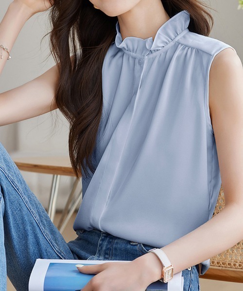 ONEP STAR(ワンピスター)の「フリルスタンドカラーノースリーブブラウス(シャツ/ブラウス・レディース・ホワイト/ブルー・X-LARGE/MEDIUM/LARGE)」の15枚目の写真