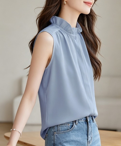 ONEP STAR(ワンピスター)の「フリルスタンドカラーノースリーブブラウス(シャツ/ブラウス・レディース・ホワイト/ブルー・X-LARGE/MEDIUM/LARGE)」の9枚目の写真
