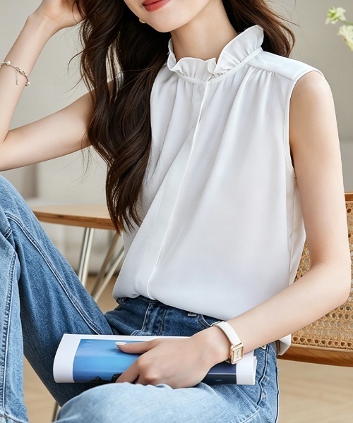 ONEP STAR(ワンピスター)の「フリルスタンドカラーノースリーブブラウス(シャツ/ブラウス・レディース・ホワイト/ブルー・X-LARGE/MEDIUM/LARGE)」の13枚目の写真
