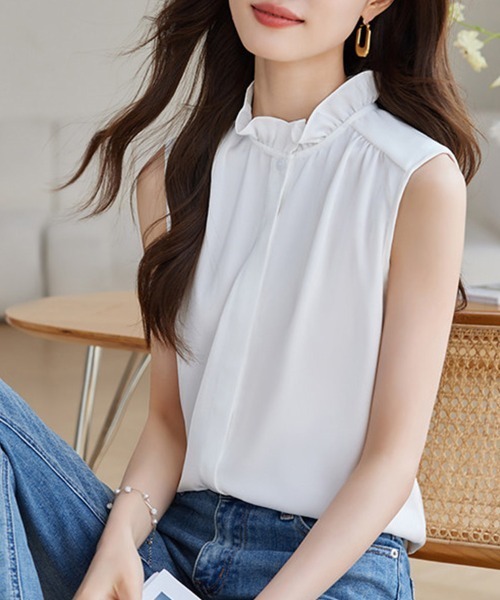 ONEP STAR(ワンピスター)の「フリルスタンドカラーノースリーブブラウス(シャツ/ブラウス・レディース・ホワイト/ブルー・X-LARGE/MEDIUM/LARGE)」の14枚目の写真