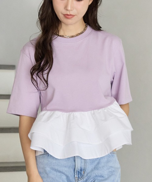 BIRTHDAY BASH(バースデイバッシュ)の「CREW NECK DOUBLE FRILL TOPS(クリューネックダブルフリルトップス)(Tシャツ/カットソー・レディース・ホワイト/ブラック/ラベンダー・FREE)」の1枚目の写真