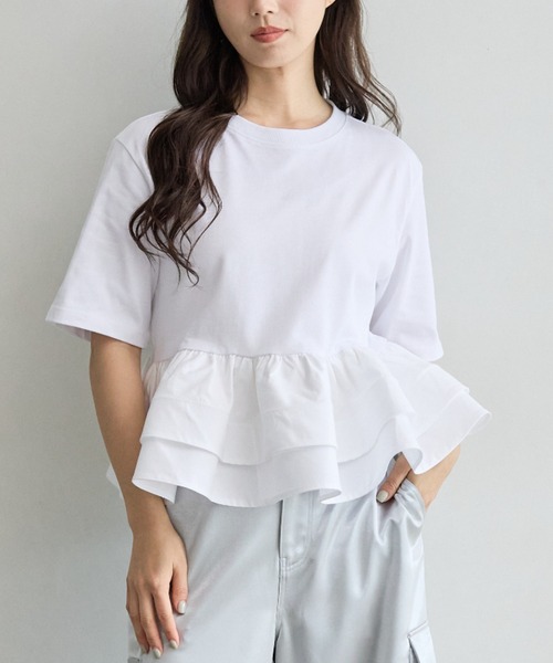 BIRTHDAY BASH(バースデイバッシュ)の「CREW NECK DOUBLE FRILL TOPS(クリューネックダブルフリルトップス)(Tシャツ/カットソー・レディース・ホワイト/ブラック/ラベンダー・FREE)」の11枚目の写真