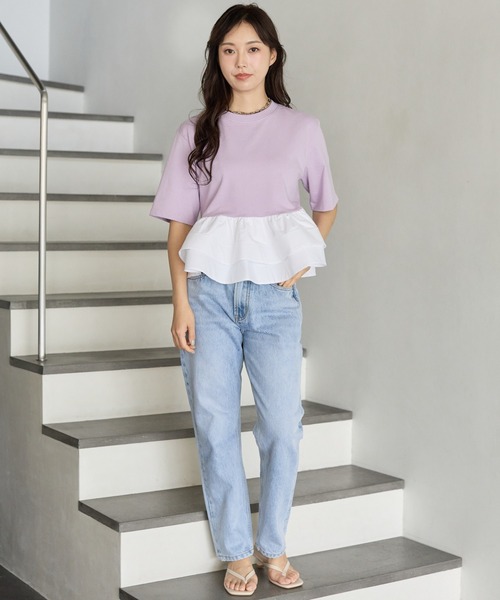 BIRTHDAY BASH(バースデイバッシュ)の「CREW NECK DOUBLE FRILL TOPS(クリューネックダブルフリルトップス)(Tシャツ/カットソー・レディース・ホワイト/ブラック/ラベンダー・FREE)」の7枚目の写真
