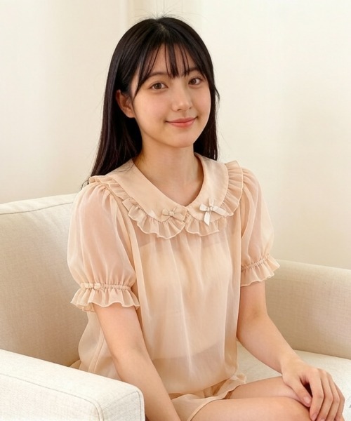 gossip!ロサンゼルス(ゴシップロサンゼルス)の「【Y2Kガーリー】ヴィンテージライクシフォンシアープチリボンブラウス パフスリーブインナーシャツ(シャツ/ブラウス・レディース・ホワイト/アイボリー/ブラック・M)」の2枚目の写真