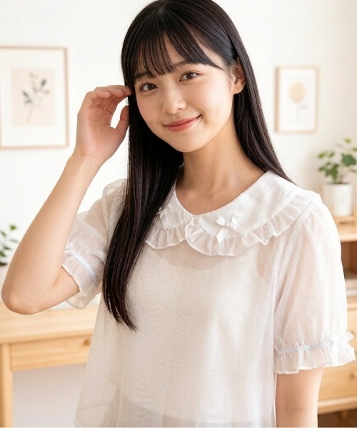 gossip!ロサンゼルス(ゴシップロサンゼルス)の「【Y2Kガーリー】ヴィンテージライクシフォンシアープチリボンブラウス パフスリーブインナーシャツ(シャツ/ブラウス・レディース・ホワイト/アイボリー/ブラック・M)」の4枚目の写真