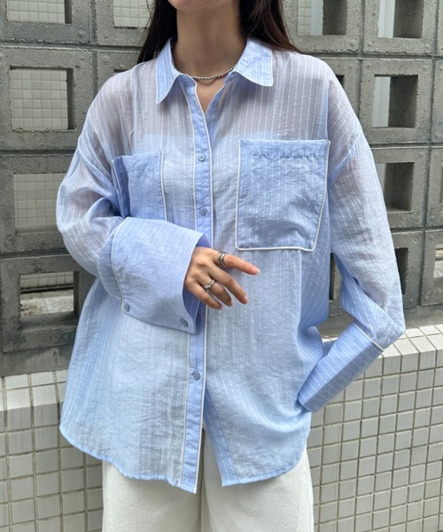 MYMOOD.(マイムード)の「ダブルポケットパイピングシアーシャツ(シャツ/ブラウス・レディース・ブラウン/オフホワイト/ブルー・FREE)」の3枚目の写真