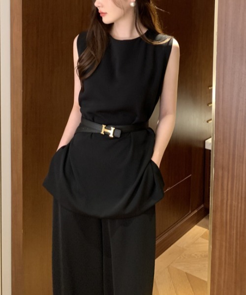 PIN(ピン)の「美シルエット ノースリーブブラウス×ワイドパンツ セットアップ(セットアップ・レディース・ブラック/ベージュ/ブルー・FREE)」の16枚目の写真