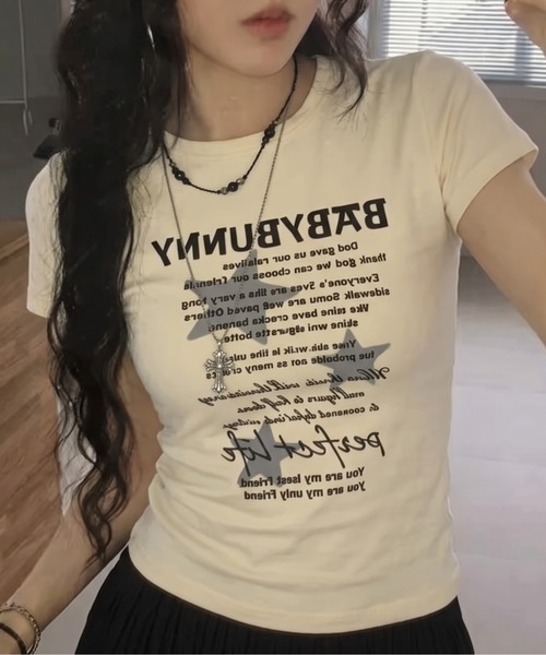 SHEPP(シープ)の「スターモチーフフロント英字ロゴプリント コンパクト半袖Tシャツ【6色展開】(Tシャツ/カットソー・レディース・サックスブルー/ピンク/イエロー/ダークグレー/ホワイト/ブラック・F)」の5枚目の写真
