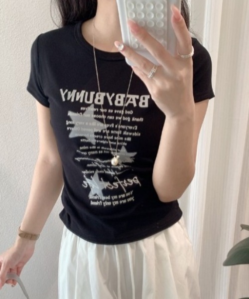 SHEPP(シープ)の「スターモチーフフロント英字ロゴプリント コンパクト半袖Tシャツ【6色展開】(Tシャツ/カットソー・レディース・サックスブルー/ピンク/イエロー/ダークグレー/ホワイト/ブラック・F)」の10枚目の写真