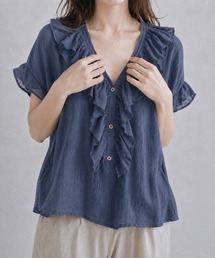 ラッフルフリルブラウスVネックトップス夏