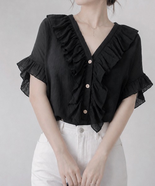 Miniministore(ミニミニストア)の「ラッフルフリルブラウスVネックトップス夏(シャツ/ブラウス・レディース・モスグリーン/ロイヤルブルー/インディゴブルー/ブラウン/ブラック・FREE)」の1枚目の写真