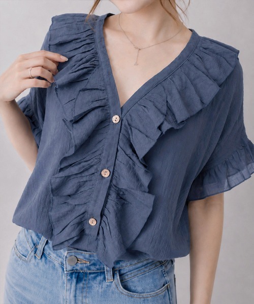 Miniministore(ミニミニストア)の「ラッフルフリルブラウスVネックトップス夏(シャツ/ブラウス・レディース・モスグリーン/ロイヤルブルー/インディゴブルー/ブラウン/ブラック・FREE)」の14枚目の写真