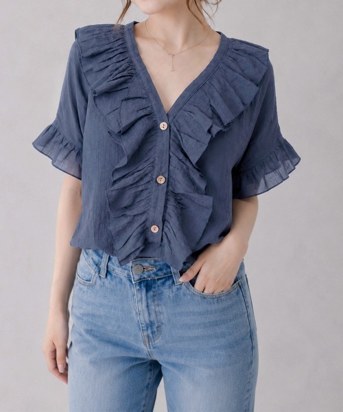 Miniministore(ミニミニストア)の「ラッフルフリルブラウスVネックトップス夏(シャツ/ブラウス・レディース・モスグリーン/ロイヤルブルー/インディゴブルー/ブラウン/ブラック・FREE)」の13枚目の写真