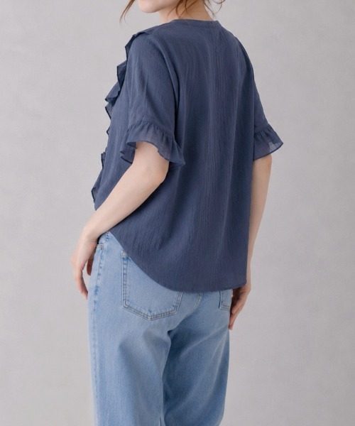 Miniministore(ミニミニストア)の「ラッフルフリルブラウスVネックトップス夏(シャツ/ブラウス・レディース・モスグリーン/ロイヤルブルー/インディゴブルー/ブラウン/ブラック・FREE)」の12枚目の写真