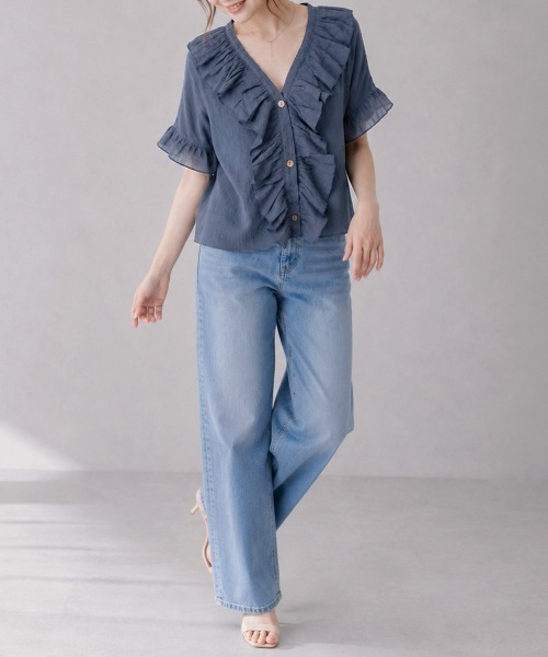 Miniministore(ミニミニストア)の「ラッフルフリルブラウスVネックトップス夏(シャツ/ブラウス・レディース・モスグリーン/ロイヤルブルー/インディゴブルー/ブラウン/ブラック・FREE)」の11枚目の写真