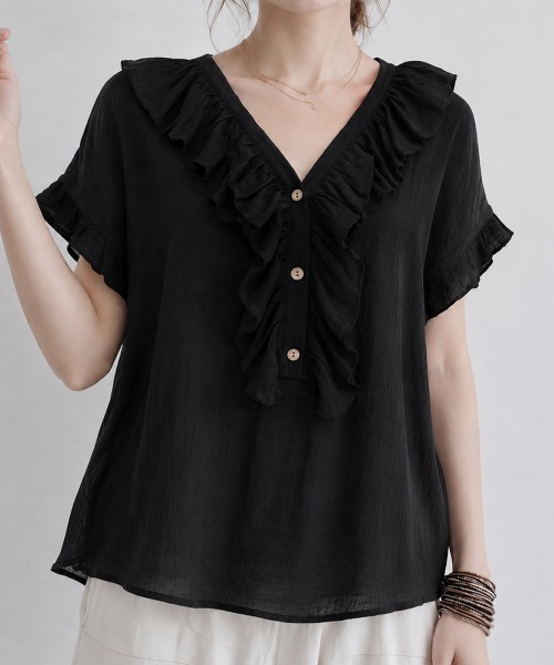 Miniministore(ミニミニストア)の「ラッフルフリルブラウスVネックトップス夏(シャツ/ブラウス・レディース・モスグリーン/ロイヤルブルー/インディゴブルー/ブラウン/ブラック・FREE)」の10枚目の写真